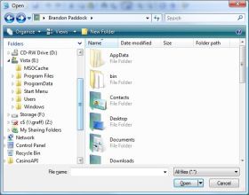 The Vista file open dialog with the folder tree expanded