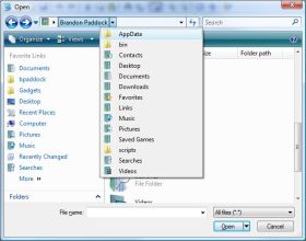 The Vista file open dialog with a breadcrumb drop-down showing